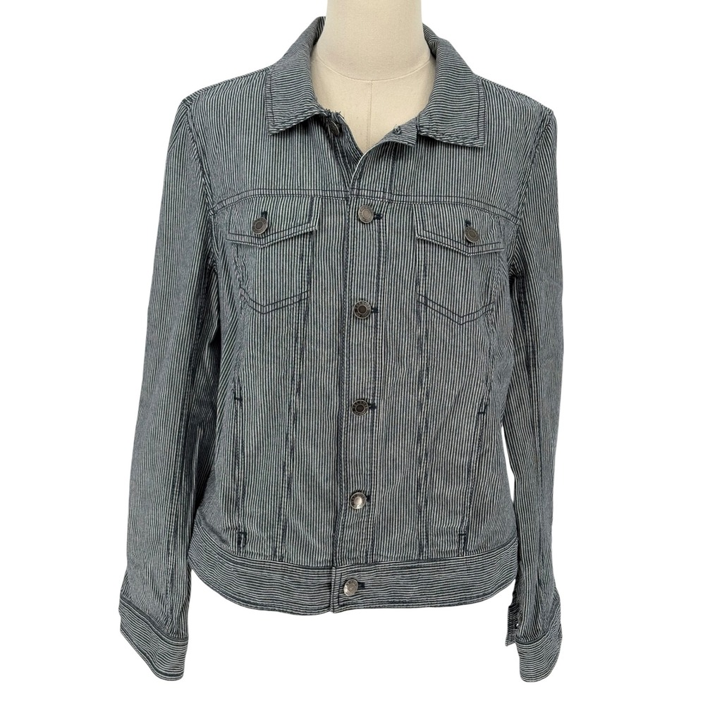Talbots Denim Trucker Jacket Navy White Pinstripe 100% Cotton Large
